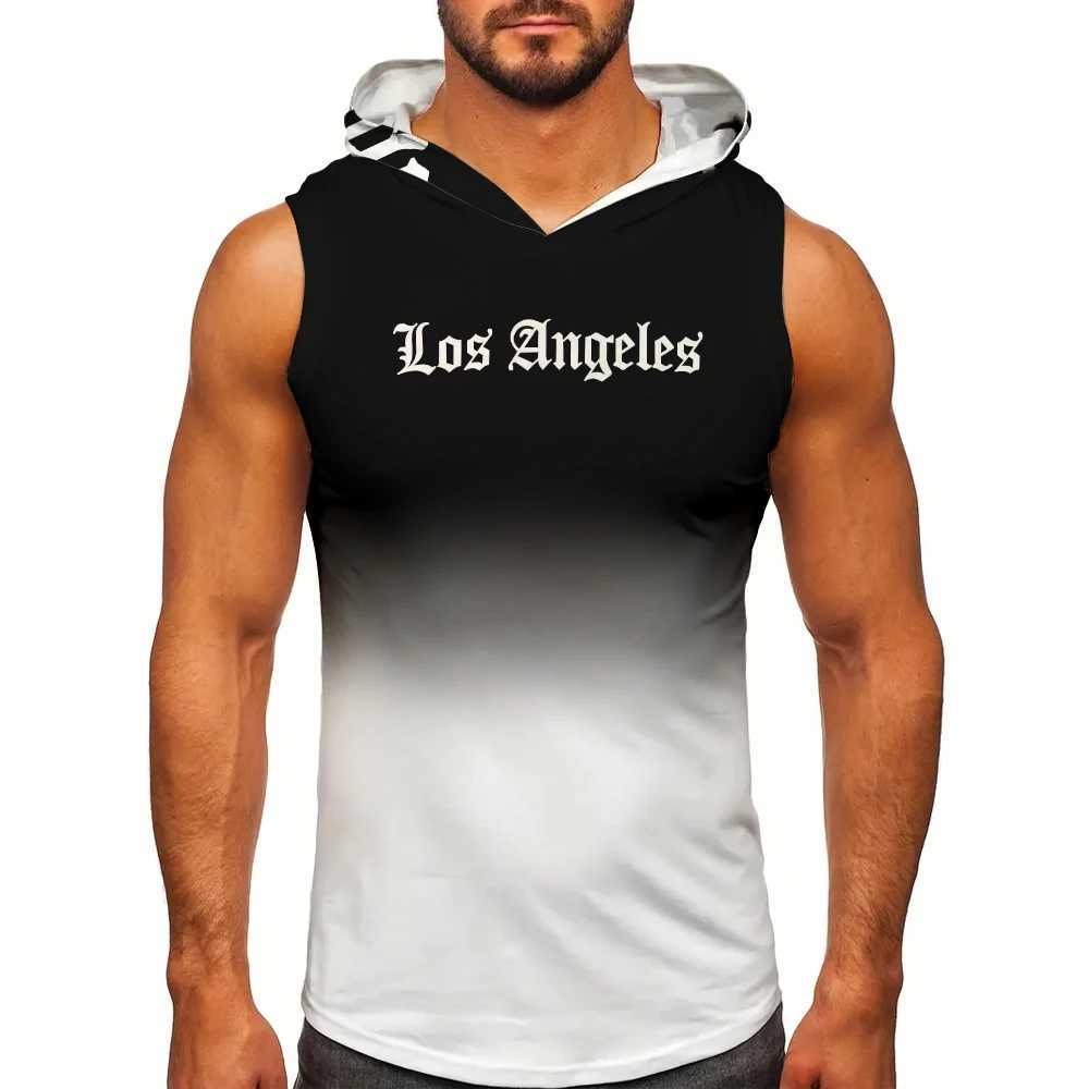2025 new mens printed T-shirt hooded sleeveless fitness 3D printed Los Angeles sports vest casual ultra-thin breathable mesh T-shirt X250324