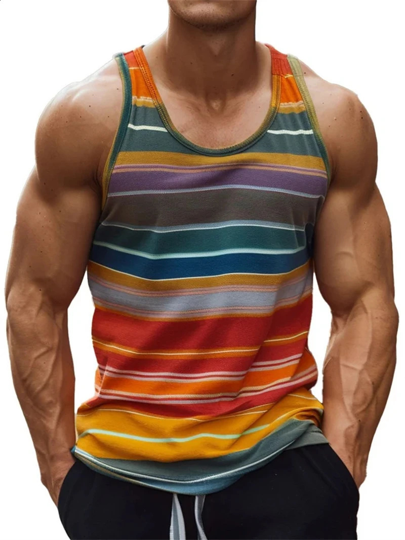 Funny 3D Color Stripe Printed Mens Tank Top Fashion Breathable Gym T-shirt Outdoor Run Fitness Sports Sleeveless Shirt Man Vest 250324