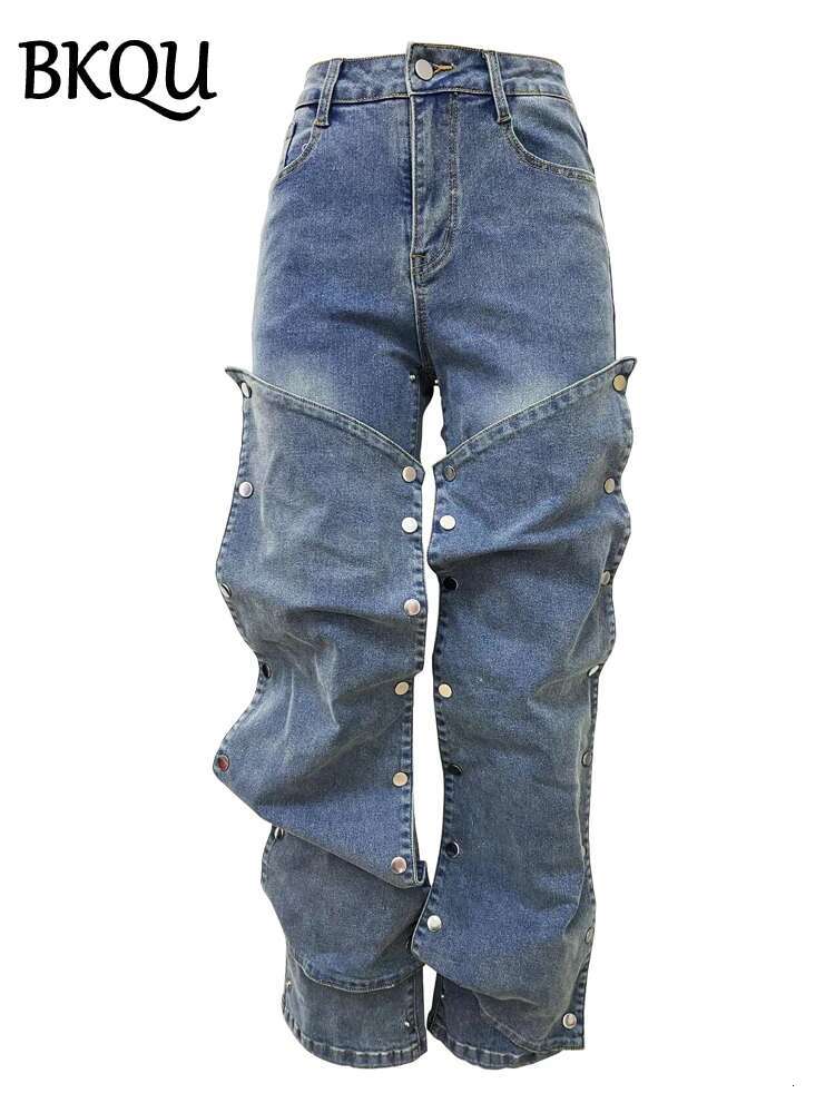 BKQU Fashion Straight Jeans Women's Detachable Button Decoration Denim Wide Leg Pants High Waist Y2k Hipster Streetwear Bottoms