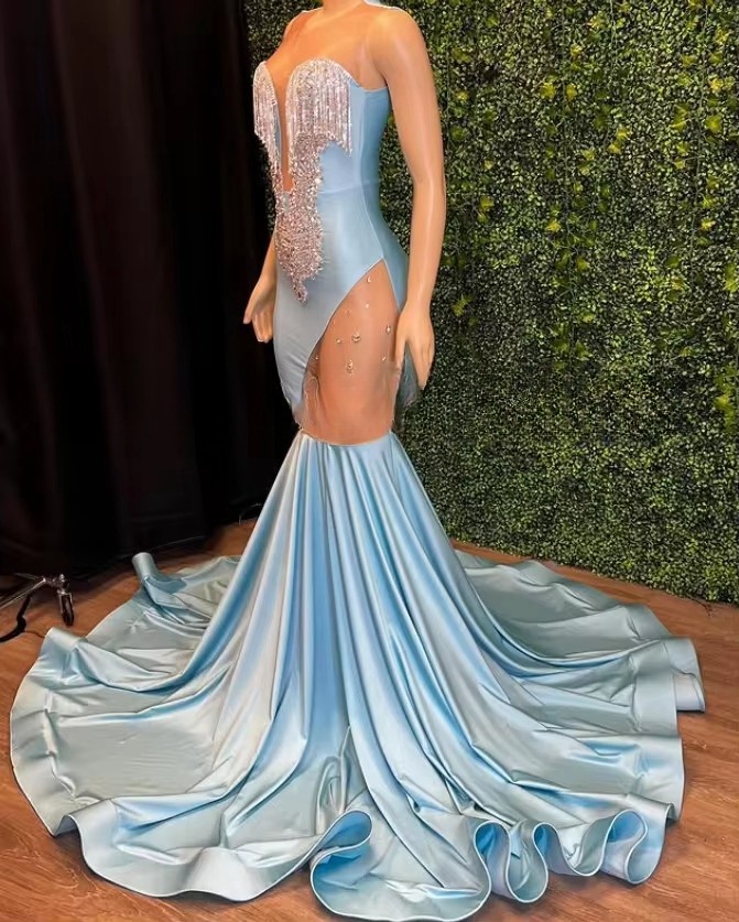 Customized Sexy O Neck Tassel Mermaid Prom 2025 Beaded Applique Black Girls Evening Party Dresses