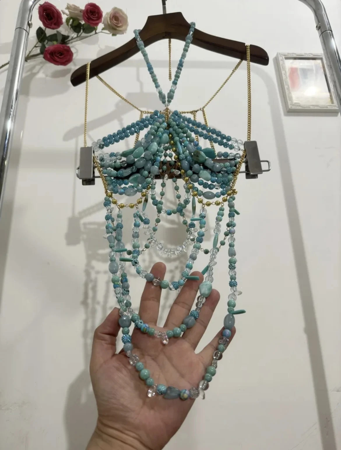 sexy womens handmade sparkling turquoise beads body chain hollow bikini bra top holiday beachwear underwear 250324