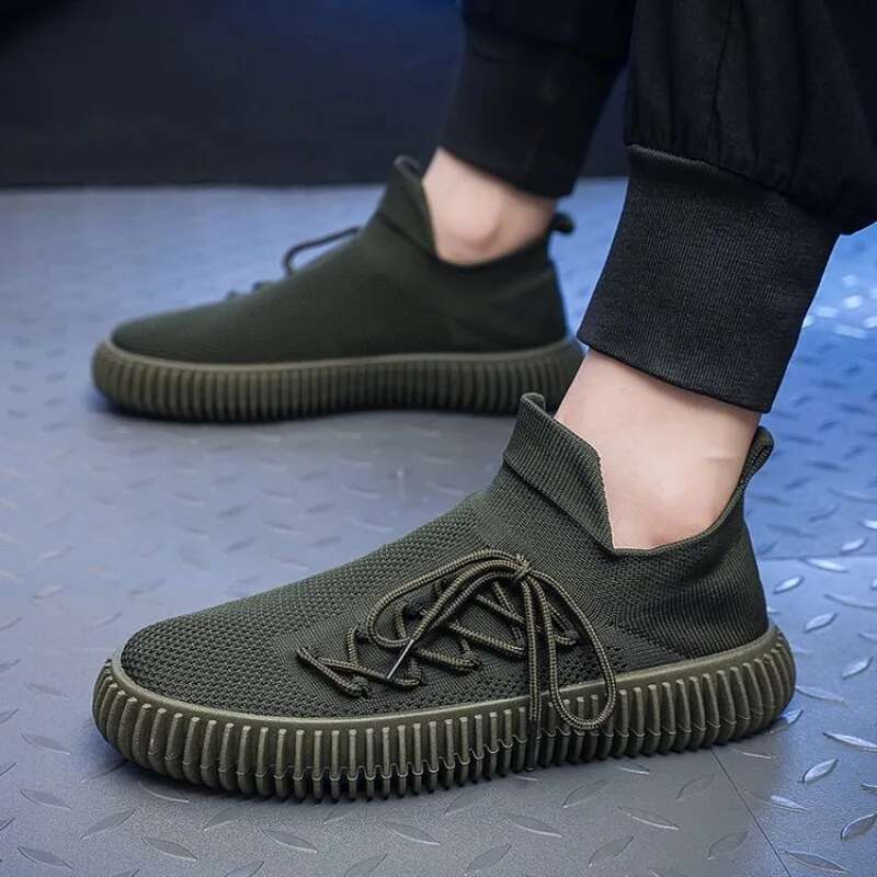 Solid Fashion Knitting Casual Shoes Men Super Light Breathable Stretch Socks Sneakers Slip on Tenis Mascuo Black ato