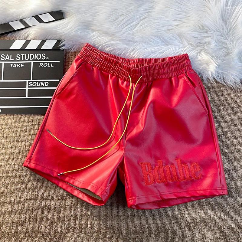 Men's Shorts Pu Leather Black Red Board Yellow Drawstring Beach Holiday Shortpant Men Women Embroidery Patch Letters Short Pants