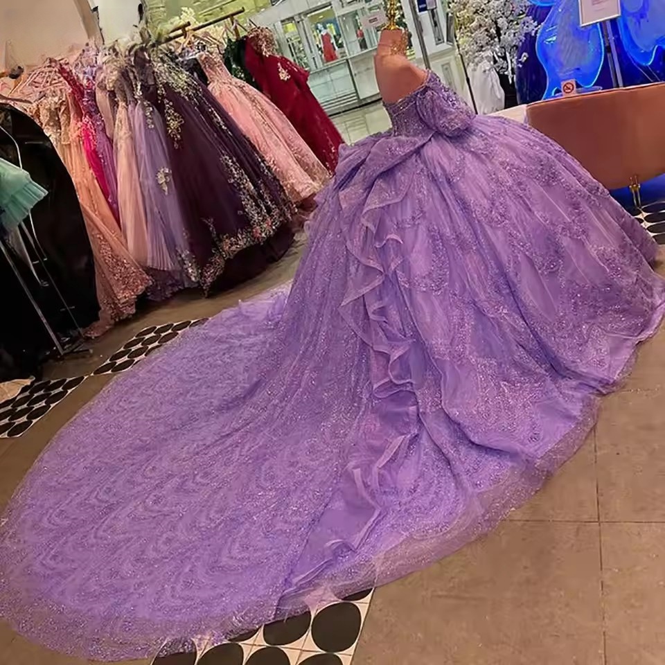 Lilac Long Sleeve Bow Ruffles Quinceanera Dresses 2025 Ball Gown Glitter Crystal Sequined Sweet 15 Anos Mexican Customized