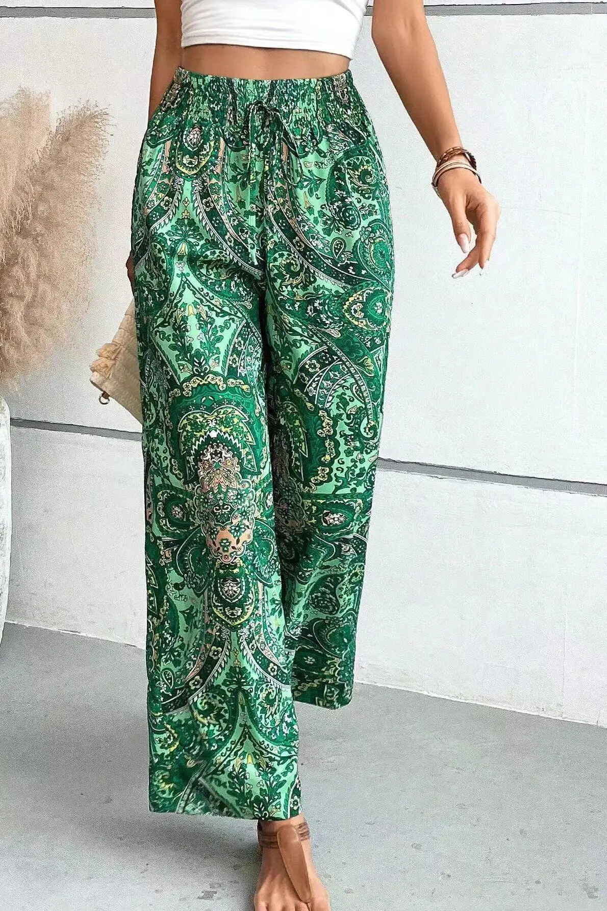 Fashionable retro printed wide leg pants for womens casual high waisted Trouser 2024 springsummer office clothing 250324