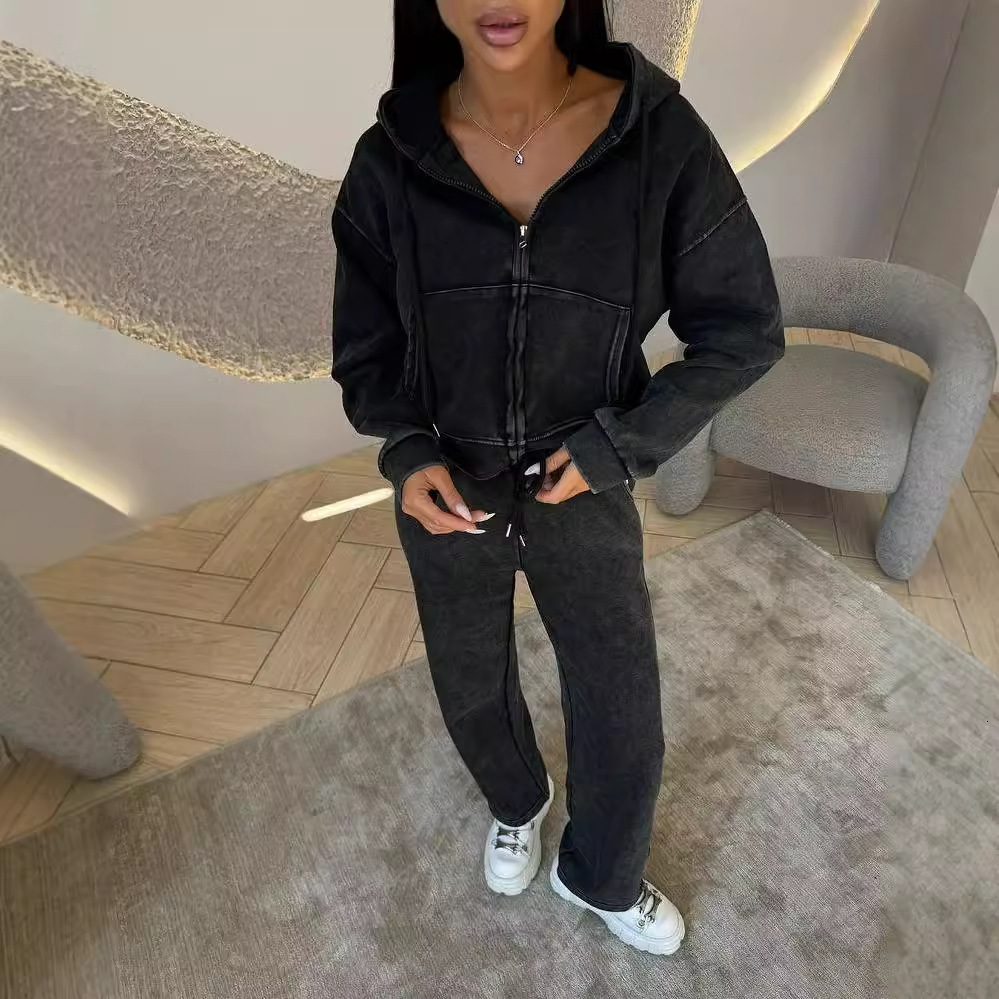 New vintage washed up hooded sweatshirt for women's high-end autumn straight leg pants solid color two-piece set