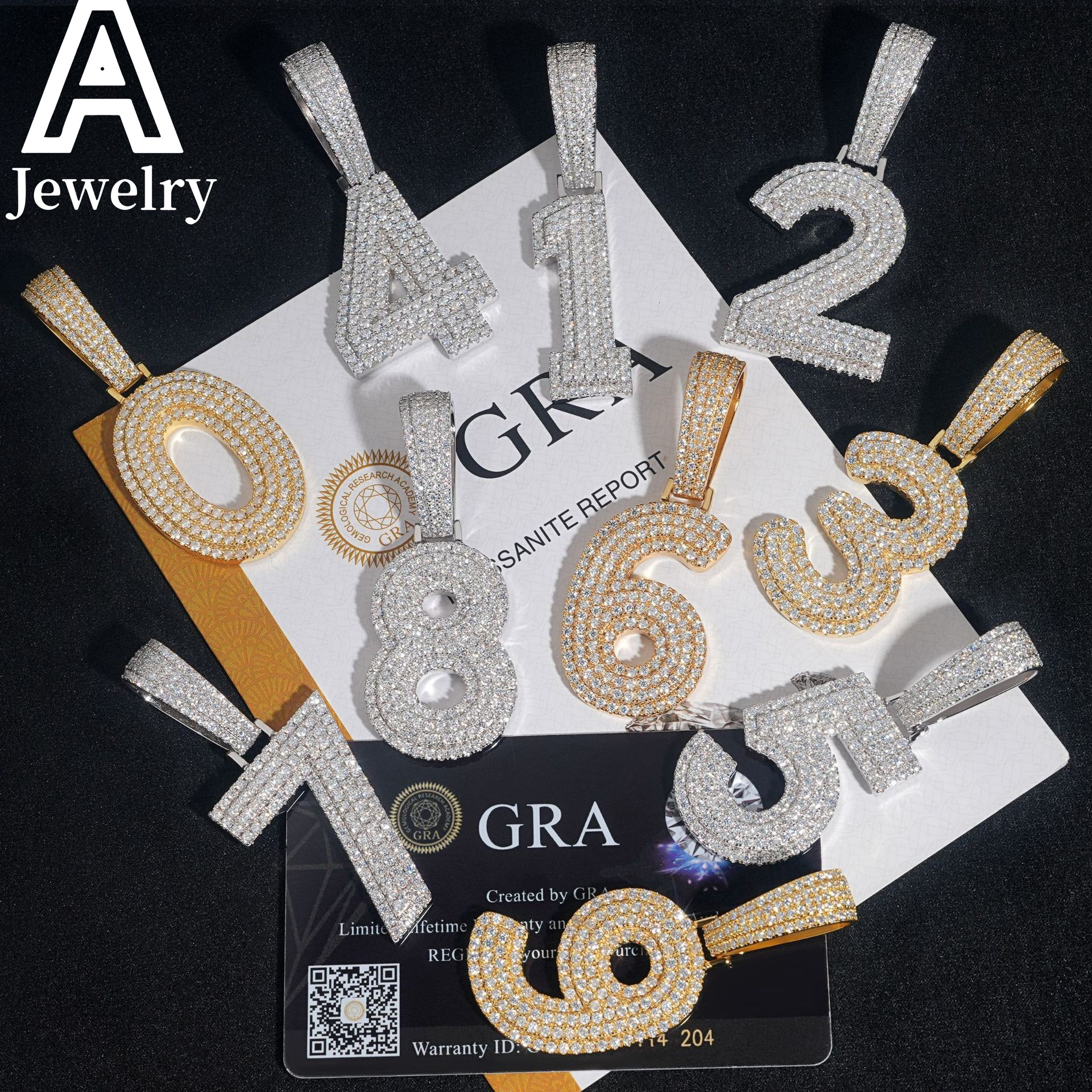 Iced out hip hop fashion jewelry 0-9 number pendants moissanite custom initial pendant 925 silver jewelry