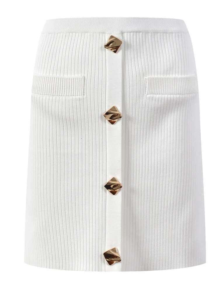 Autumn New Square Neck Flare Sleeve Sleeves Head Knitted Shirt Women's 2024 Fashion Gold Button Style Half Skirt Set