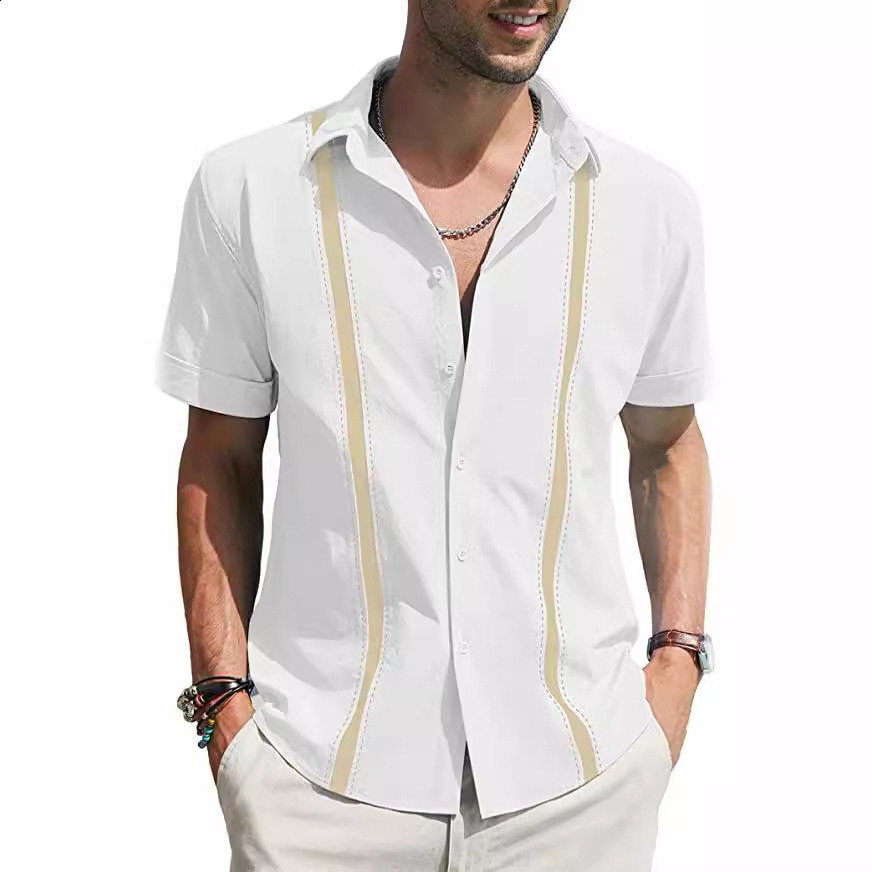 Men's Shirts Guayabera Shirts Button-Down T-Shirts Summer T-Shirts Beach Wear Navy Blue Short Sleeves Colorful Casual Daily Wear 240112