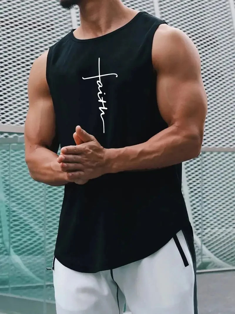 Summer Simple Letter Print Mens Round Neck Tank Top Gym Fitness Training Sports Vest Plus Size Man Sleeveless Shirt Casual Tees 250324
