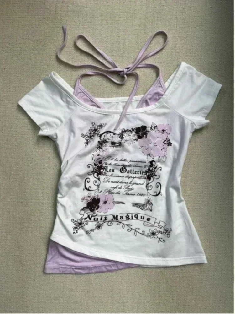 Neploe American Vintage Two Piece Halter Lace Up T-shirts Y2k Slim Fit Print Tops Women Off Shoulder Short Sleeve Tee Shirt 250324