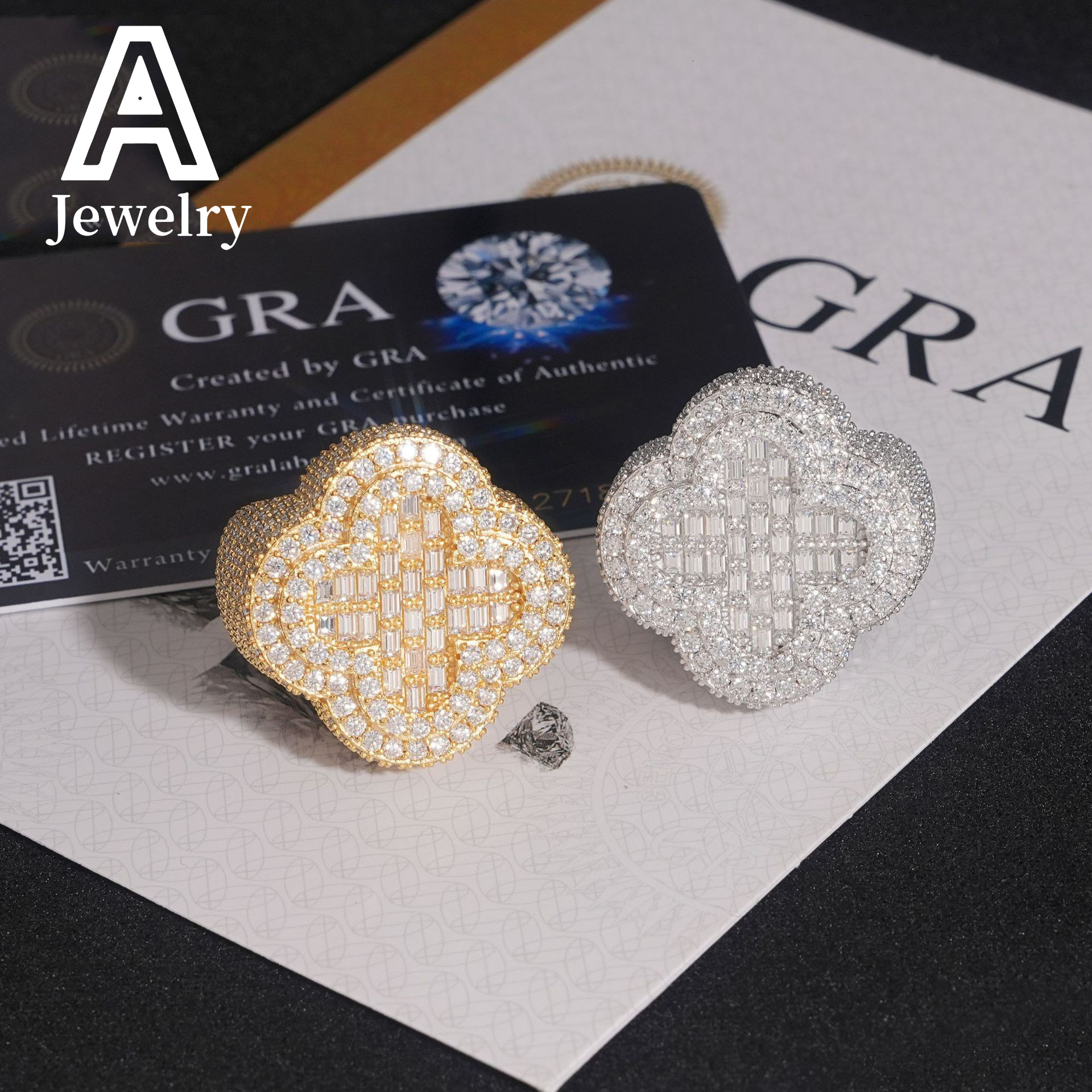 Iced out 18k gold plated baguette cut S925 ring fashion hip hop jewelry four leaf clover ring