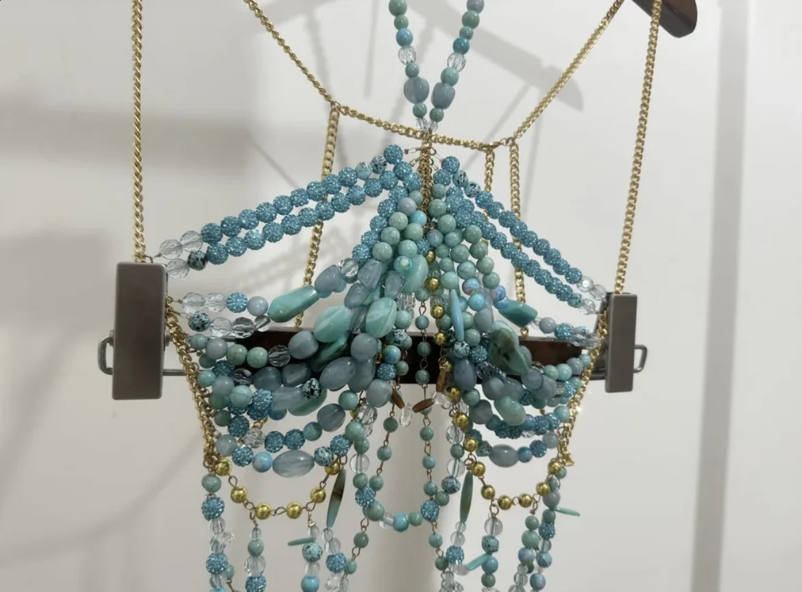 sexy womens handmade sparkling turquoise beads body chain hollow bikini bra top holiday beachwear underwear 250324