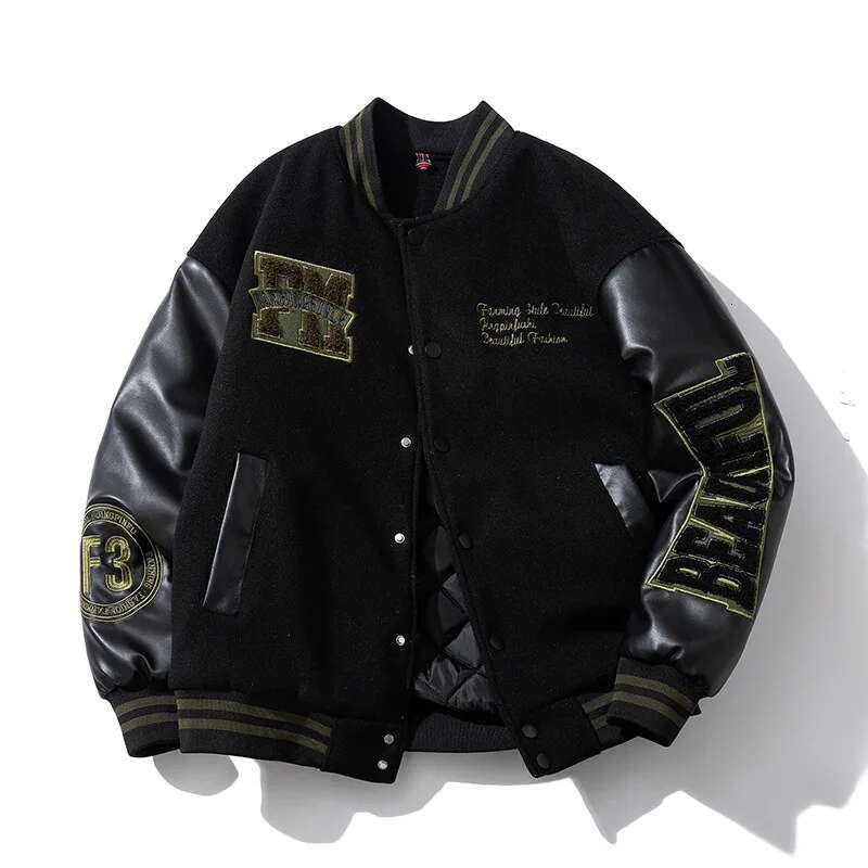 Vintage Letter Embroidered Baseball Jacket Cotton Coat Men's Winter Leather Sleeve Patchwork Woolen Thicken Overcoat