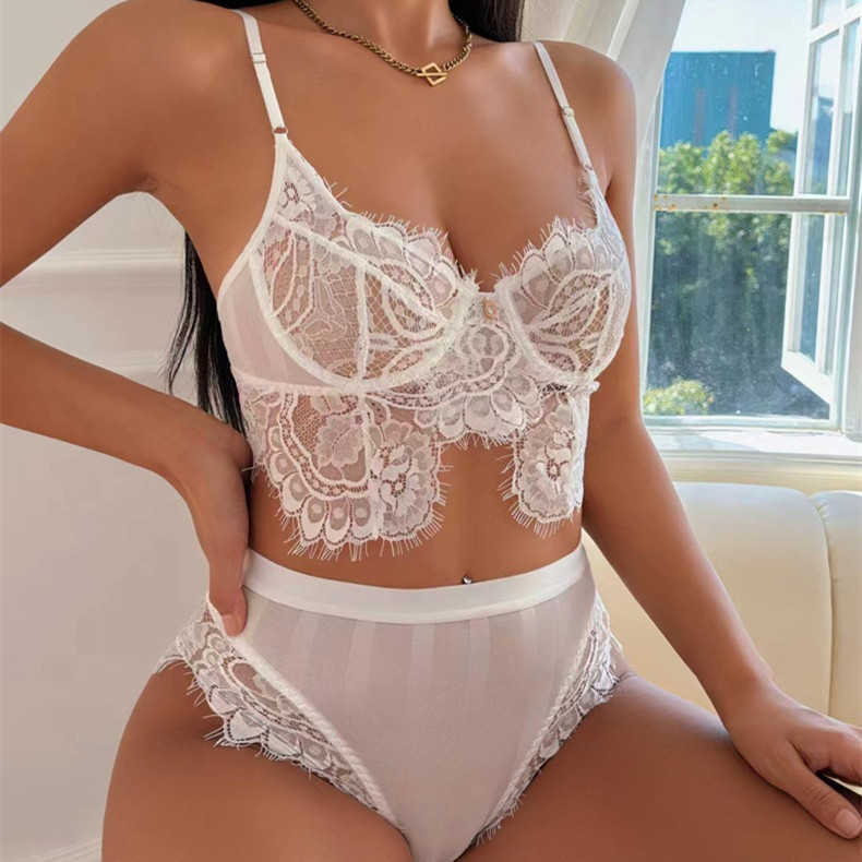 Ultra thin lace bra, sexy semi transparent bra, fashionable French eyelash edge lingerie set 250315