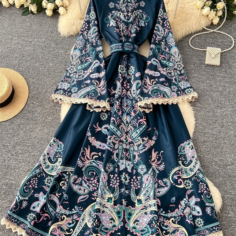 3XL 4XL Elegant Evening Floral Maxi Dresses Women Summer Autumn National Trench Flower Print Flare Full Sleeve Long Dress 250322