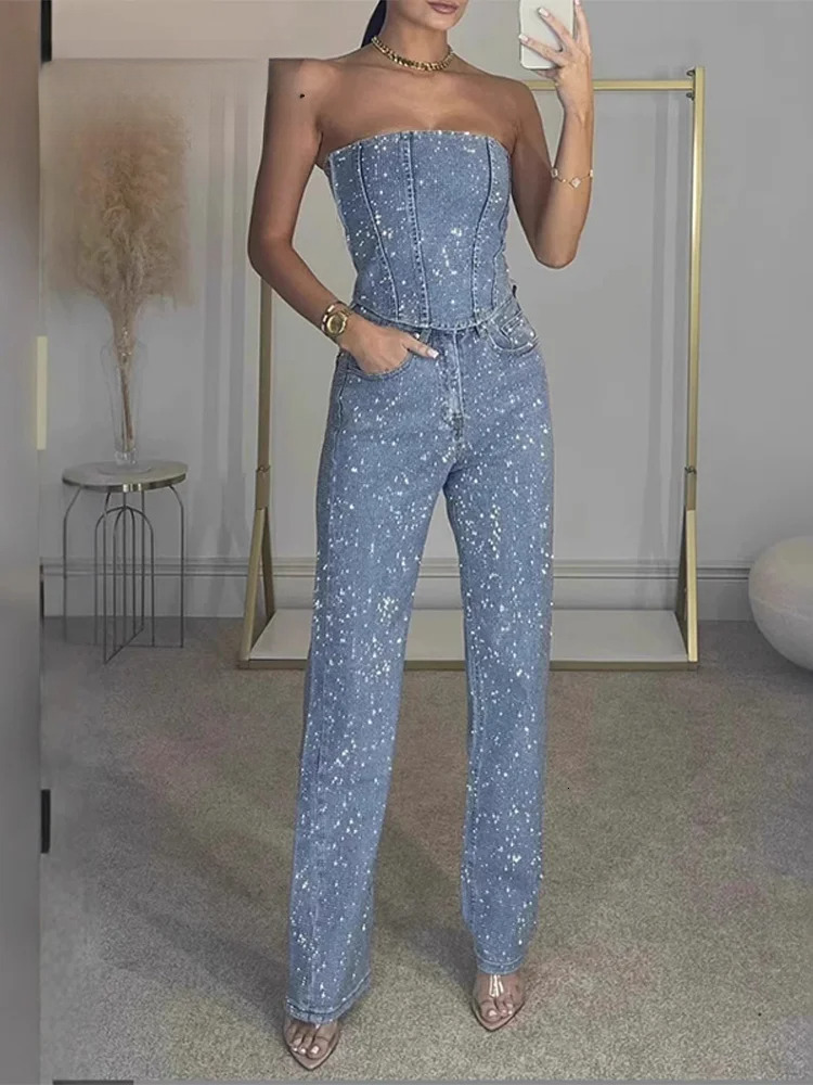 Urban Sequined Tube Pants Women Outfit Sleeveless Backless Crop Top Straight Trousers 2025 Spring Summer Street Lady Suit