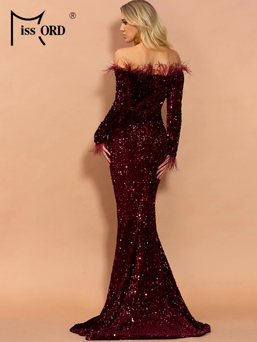 Missord elegant shoulder feather sequins black mermaid hem ball dress party women formal ultrathin evening 250320
