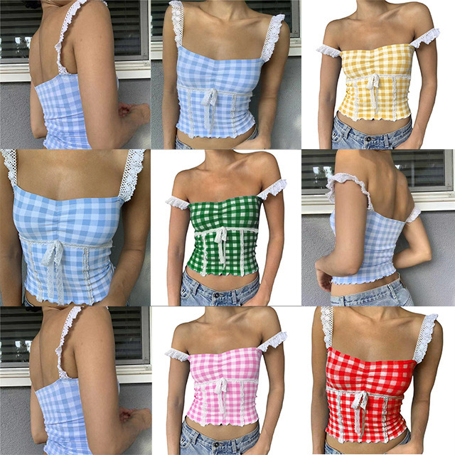 2025 New Designer Splicing Lace Small Strap Casual Age Reducing Outdoor Slimming Beach Short Fashion Checkered Tank Top