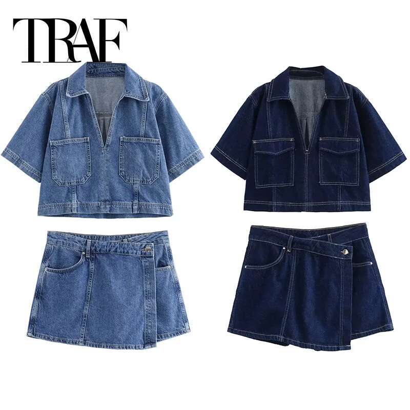 TRAF Blue Denim Sleeve Cropped Shirt Women Summer Short Tops Woman Streetwear Y2k Stylish Women's Blouse