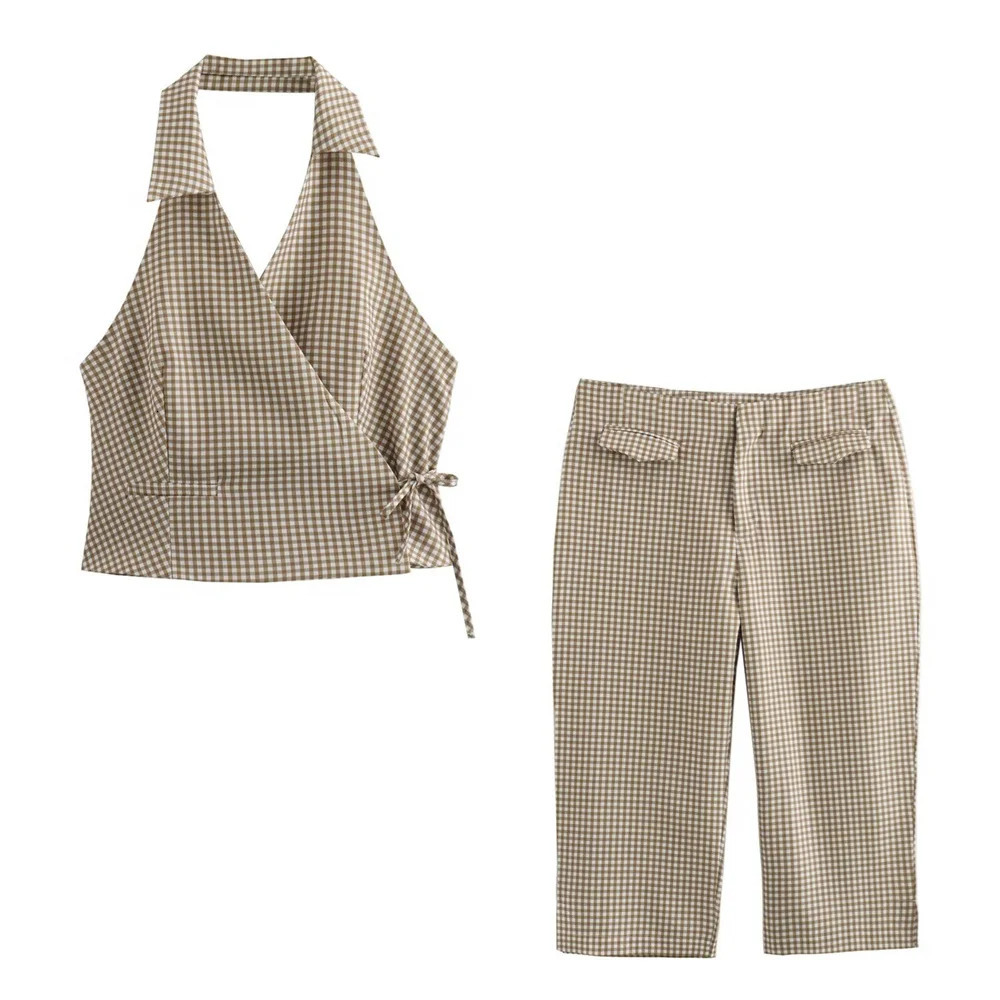 2024 ZAR summer European and American style small plain camisole vest pants set 250322