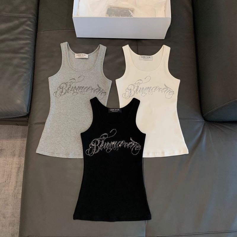 20205 New Designer Vest Letter Hot Diamond Shoulder Strap Vest Women's Slim Fit Sleeveless T-shirt Bottom Top