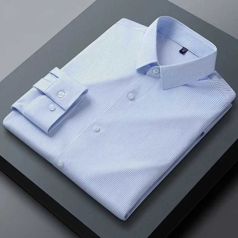 High quality stretch wrinkle resistant mens shirt long sleeved dress mens slim fit social business shirt striped shirt S-5XL X250324