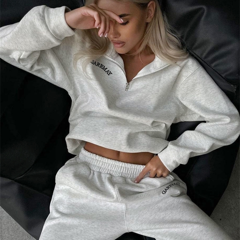 Autumn Womens Tracksuit with Zipper Cotton Oversize White Casual Two Piece Set Women Classic Sports Trouser Suits for Women 250322