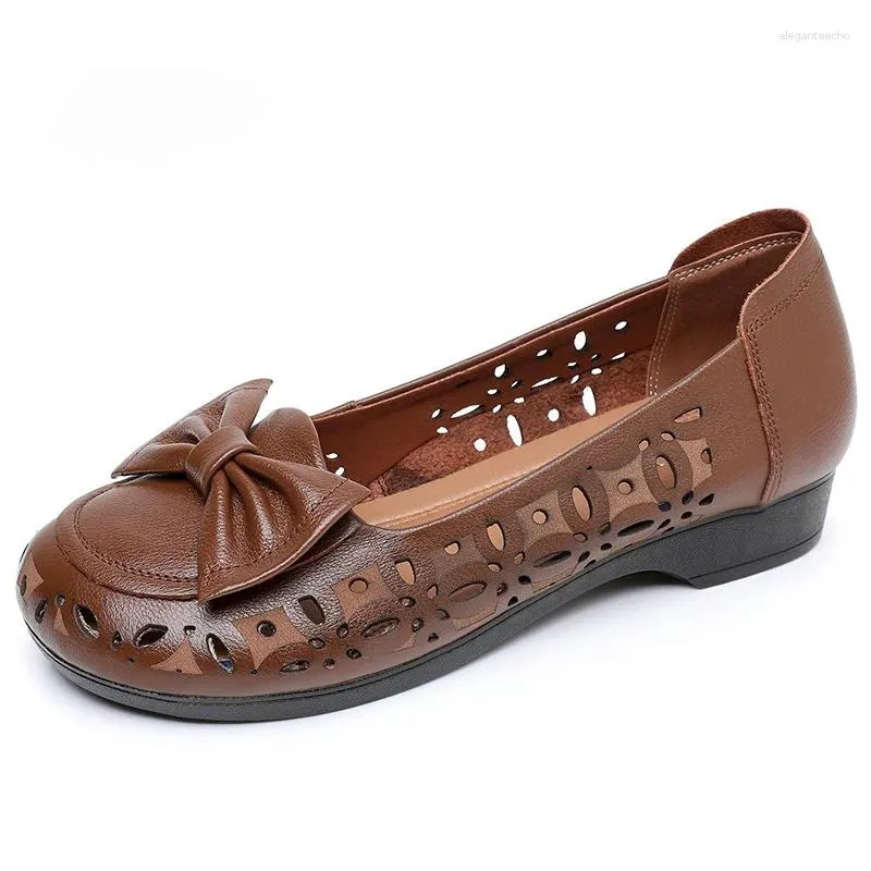 2025 S Fashion Designer Sandals ZXRYXGS Summer Top Cowhide Hollow Bow Women Leather Flat Shoes Large Size Soft Comfort Breathable
