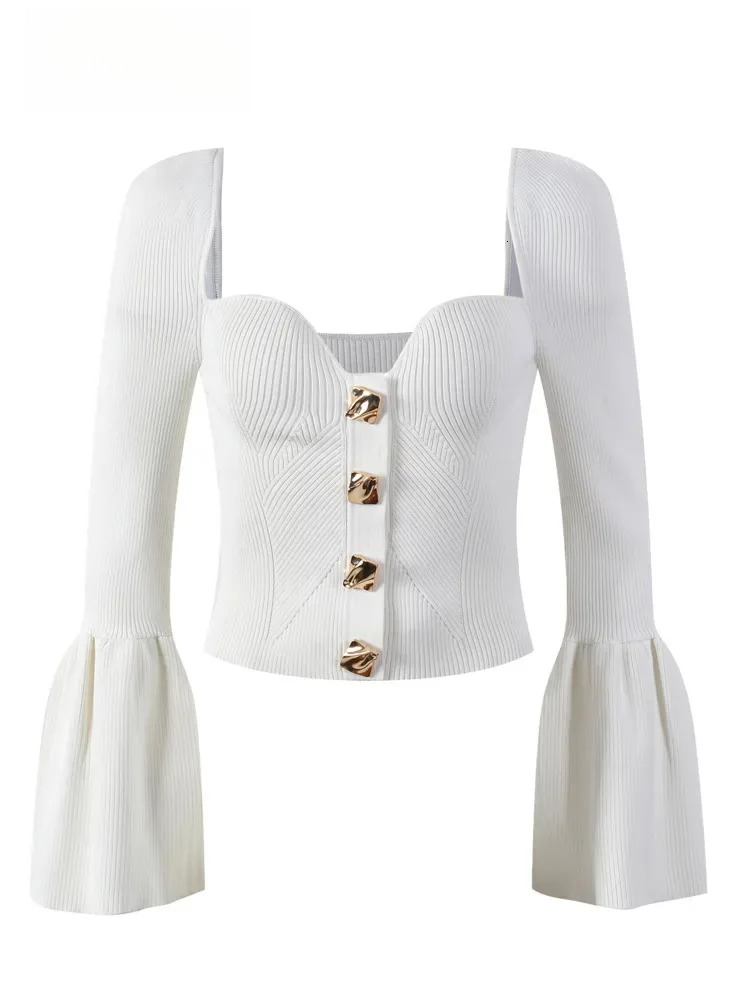 Autumn New Square Neck Flare Sleeve Sleeves Head Knitted Shirt Women's 2024 Fashion Gold Button Style Half Skirt Set