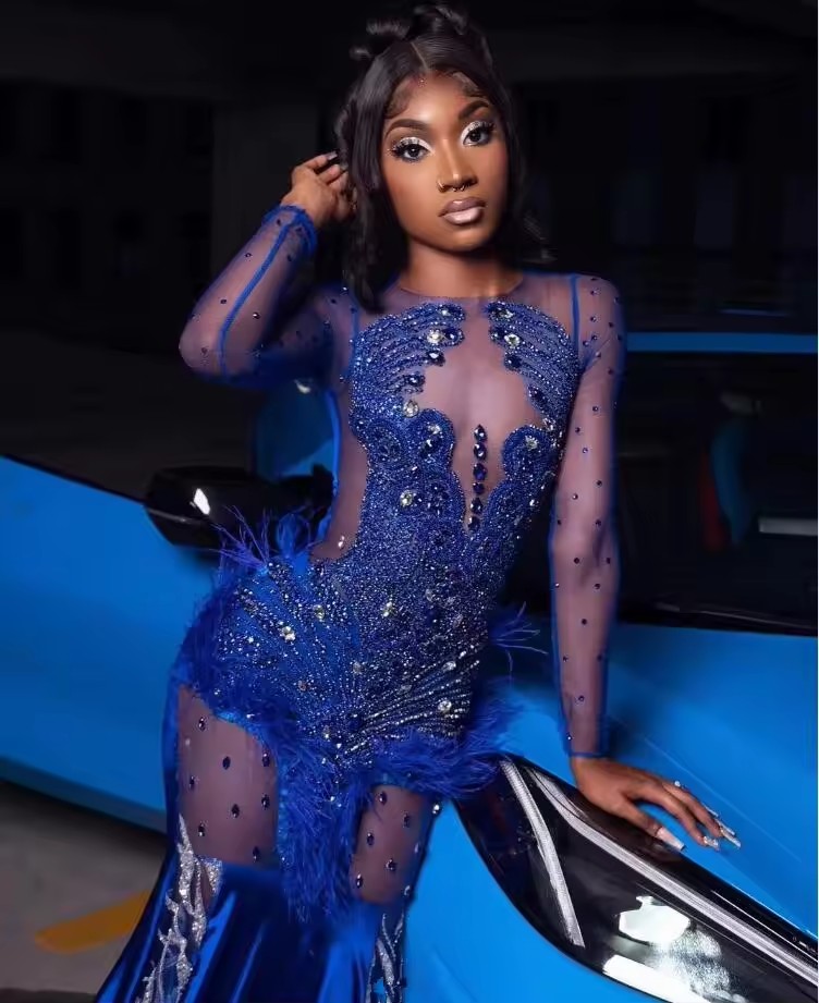 Royal Blue African Mermaid Prom Dress customsized Long Sleeve Crystal Dia Feather Black Girl Evening Gown vestidos de gala
