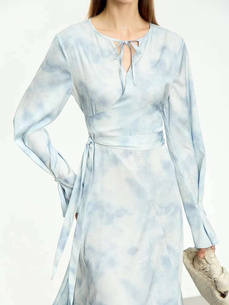 AMII Minimalism Women Dresses 2023 Autumn New Chinese Style Lace Up Print Flare Sleeve Diagonal Collar Female Vestidos 12343255