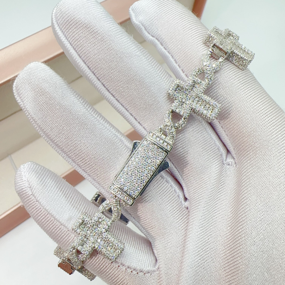 New Fashion Hip Hop Jewelry Moissanite Cuban Link Bracelet 925 Silver 15mm Cross Design Bracelet For Men Women