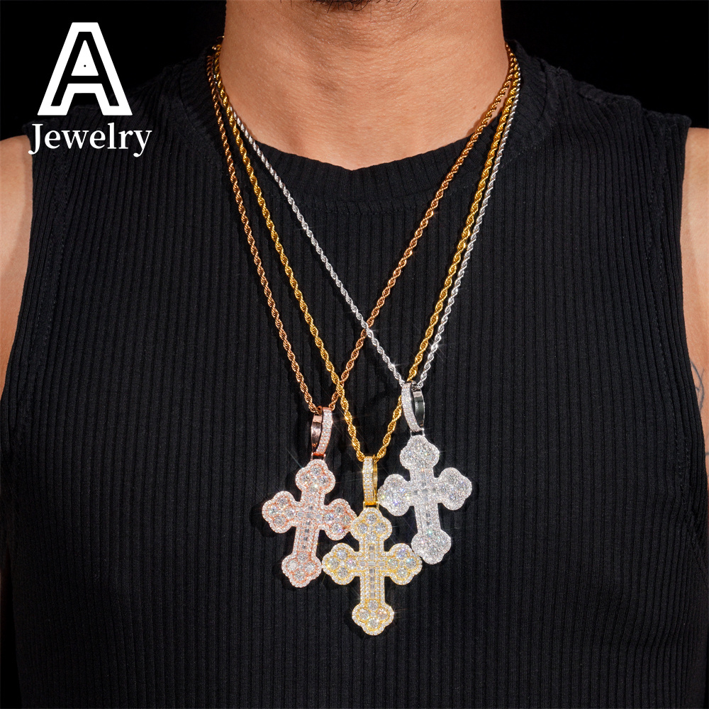 Hip Hop iced out Cross Pendant 925 Silver Baguette VVS Moissanite Cross Charm Pendants