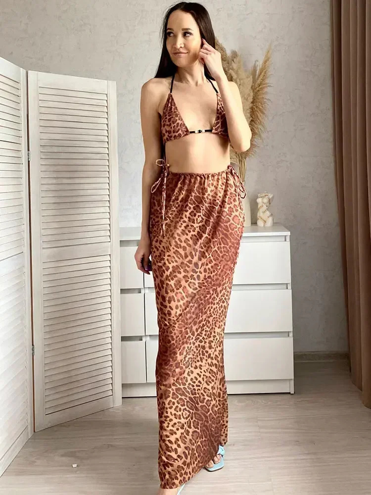 Sexy Leopard Print 3 Pieces Bikini Set 2025 Summer Beach Wear Triangle Bikinis Swimsuit With Beach Skirt Swimwear Cover-up A1554 250324