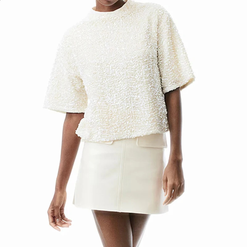 2025 Velvet Sequin Solid Color Club Party Shirt Elegant Loose Commuting Top Spring Summer O-neck Short Sleeved Womens Pullover 250324