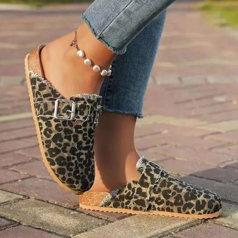Spring New Classic Women's Closed Toe Sandals Ladies Leopard Cork Slippers Camo Mule Clogs Shoes Flats