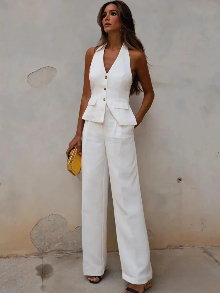 TRAFZA Women 2 Piece Set Halter Neck Single-Breasted Pocket Sleeveless Halter Vest TopsHigh Waist Zipper Pockets Wide Leg Pant 250324