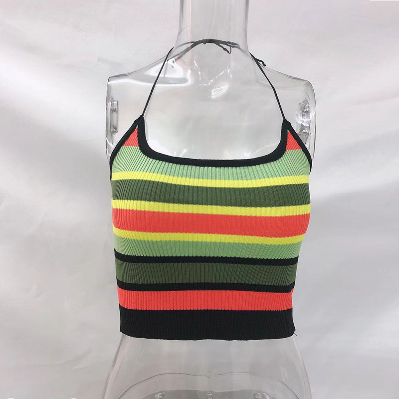 New Sexy Hot Girl Camisole For Women's Clothing, Worn Outside And On The Inside With Multi Colored Striped Short Crop Top