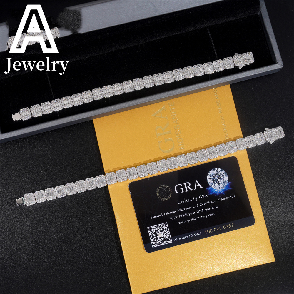 Iced Out Jewelry VVS Moissanite Cuban Bracelet 9MM Baguette Cut Diamond Cuban Link Men Hip Hop Silver Bracelet