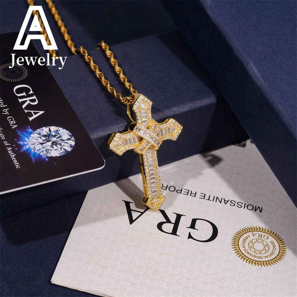 New Style Hip Hop iced out Cross Pendant 925 Silver Baguette VVS Moissanite Cross Charm Pendants