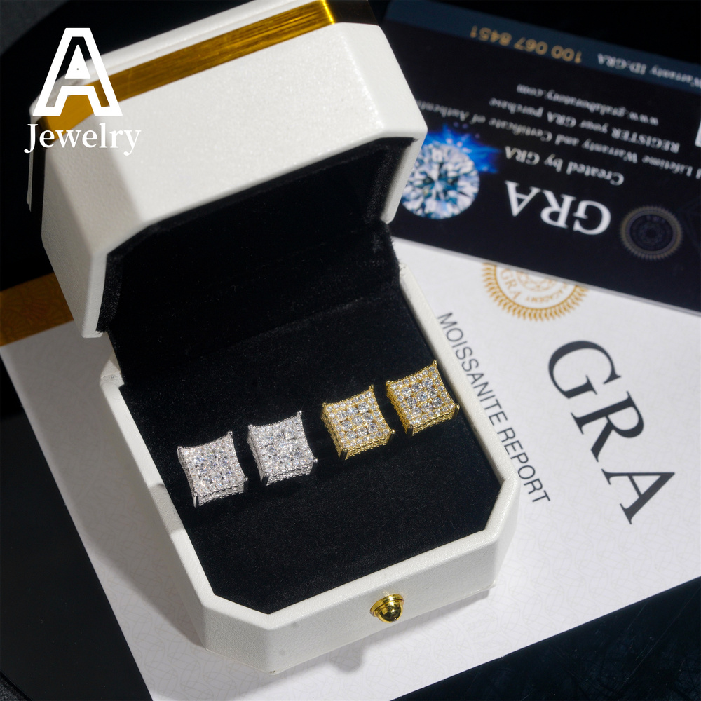 10MM Square Shape Moissanite Earrings 925 Silver Hip Hop Jewelry Fashion Men Women Lab Diamond Studs