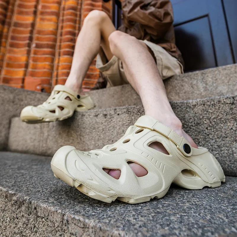 Thick soled sandals Designer anti slip toe cap slippers wear-resistant breathable perforated shoes men buckle external wear non smelly foot sandals 20