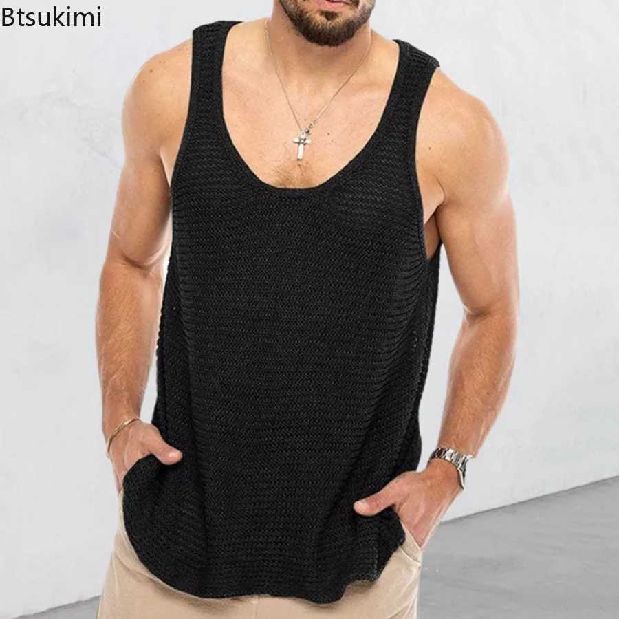 New Summer Mens Tank Top Loose Knitted Sports Tank Top Fashionable 100% Adhesive Sleeveless Mens T-shirt Breathable Mesh Sports Top X2503241