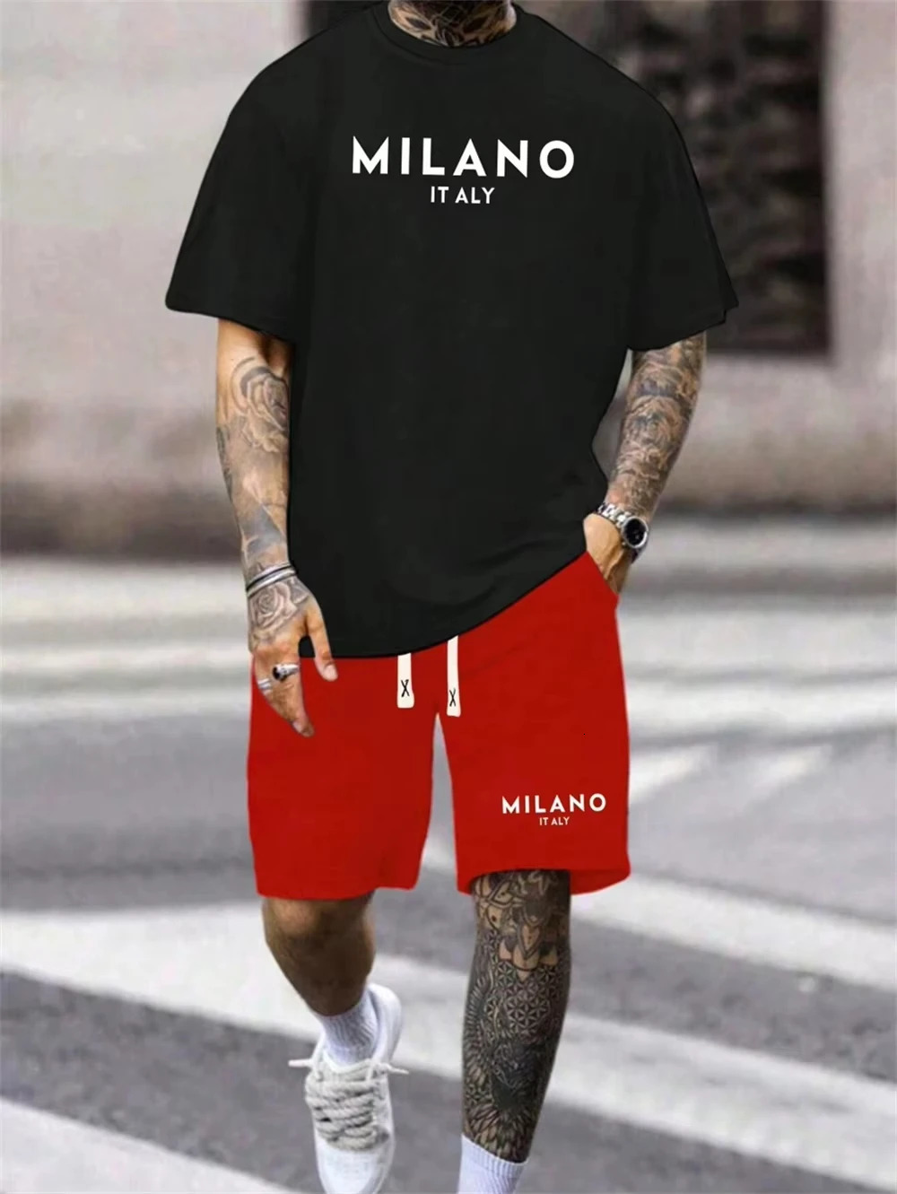 Summer Mens Two piece Retro Loose Milan Printed Tshirt Casual Outdoor Sports Short Sleeve Brushed Shorts Wear 250324 - view 3