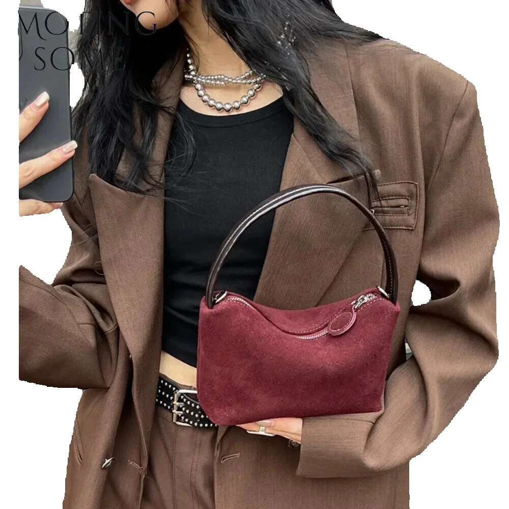 Motingsome Mini Pouch Suede Cowhide Portable Lunch Box 2024 New Versatile Hand Bag Retro Shoulder Messenger Purse