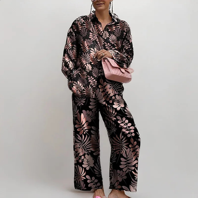 Autumn Loose Vintage Printed Pant Sets Women Long Sleeve Shirts And Wide Legs Trousers Two Piece Set Fashion Streetwear 250324