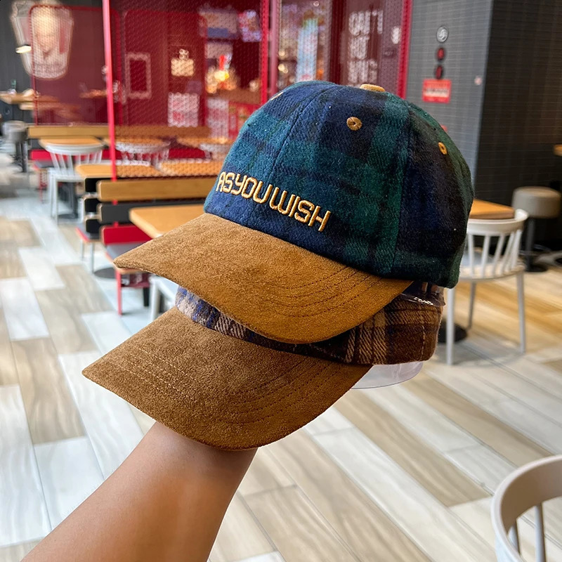 Hat Autumn and Winter Woolen Plaid Colorblock Peaked Cap Baseball Caps for Men and Women Color Hip Hop Hat Curved Brim Soft Cap 250321
