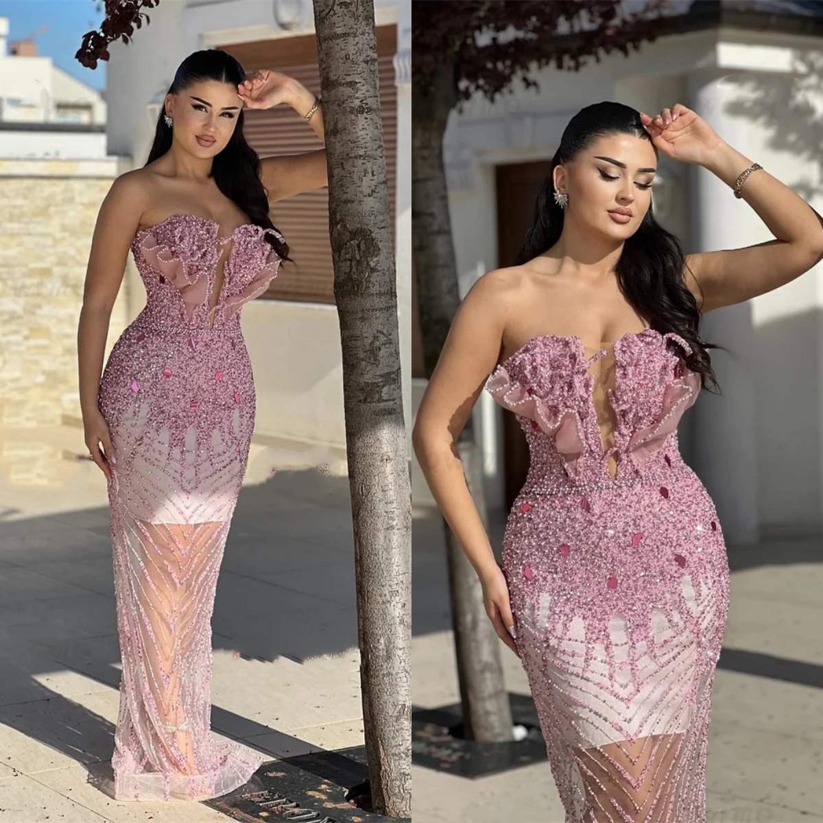 Evening Dresses Strapless Sleeveless Gown Sequins See Through Backless Sweep Train Party Customized Dress