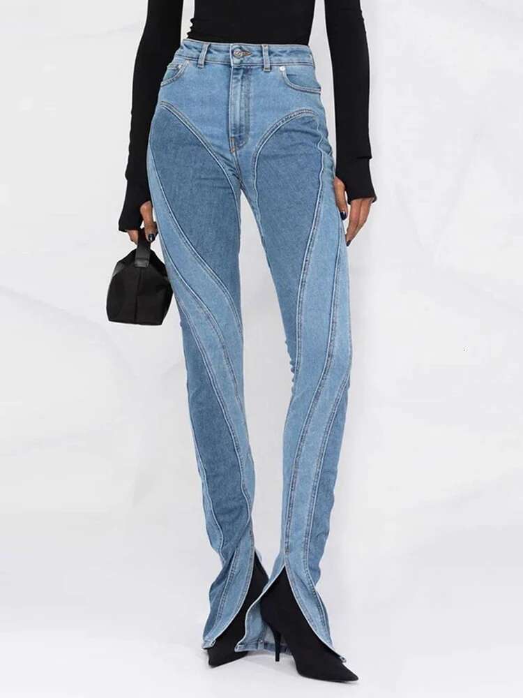 DEAT Fashion Women's Jeans Slim Deconstruct Panelled Patchwork High Waist Split Blue Long Denim Pants Spring 2025 New 1Df2575